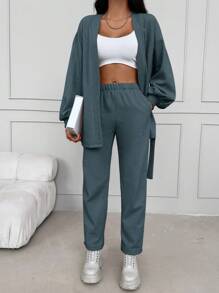 Cotton Top And Pants Set With Lantern Sleeve And Waist Belt Detail - Dusty Blue - View 5