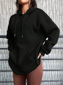 SHEIN Cottnline Ladies Solid Color Fleece Lined Hooded Sweatshirt With Drawstring - Black - View 3
