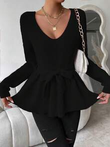 SHEIN Privé 女士深v領配帶套頭毛衣 - 黑色 - 查看 5