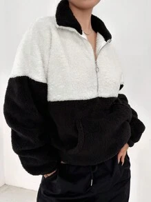 SHEIN EZwear 雙色半拉鏈落肩袖運動衫 - 黑與白 - 查看 7