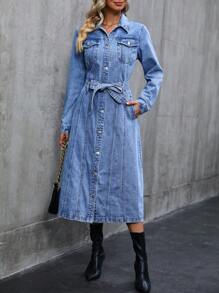 SHEIN Privé Vestido De Mezclilla De Mujer Con Botones Delanteros Con Bolsillos Con Solapa - Azul - Ver 5