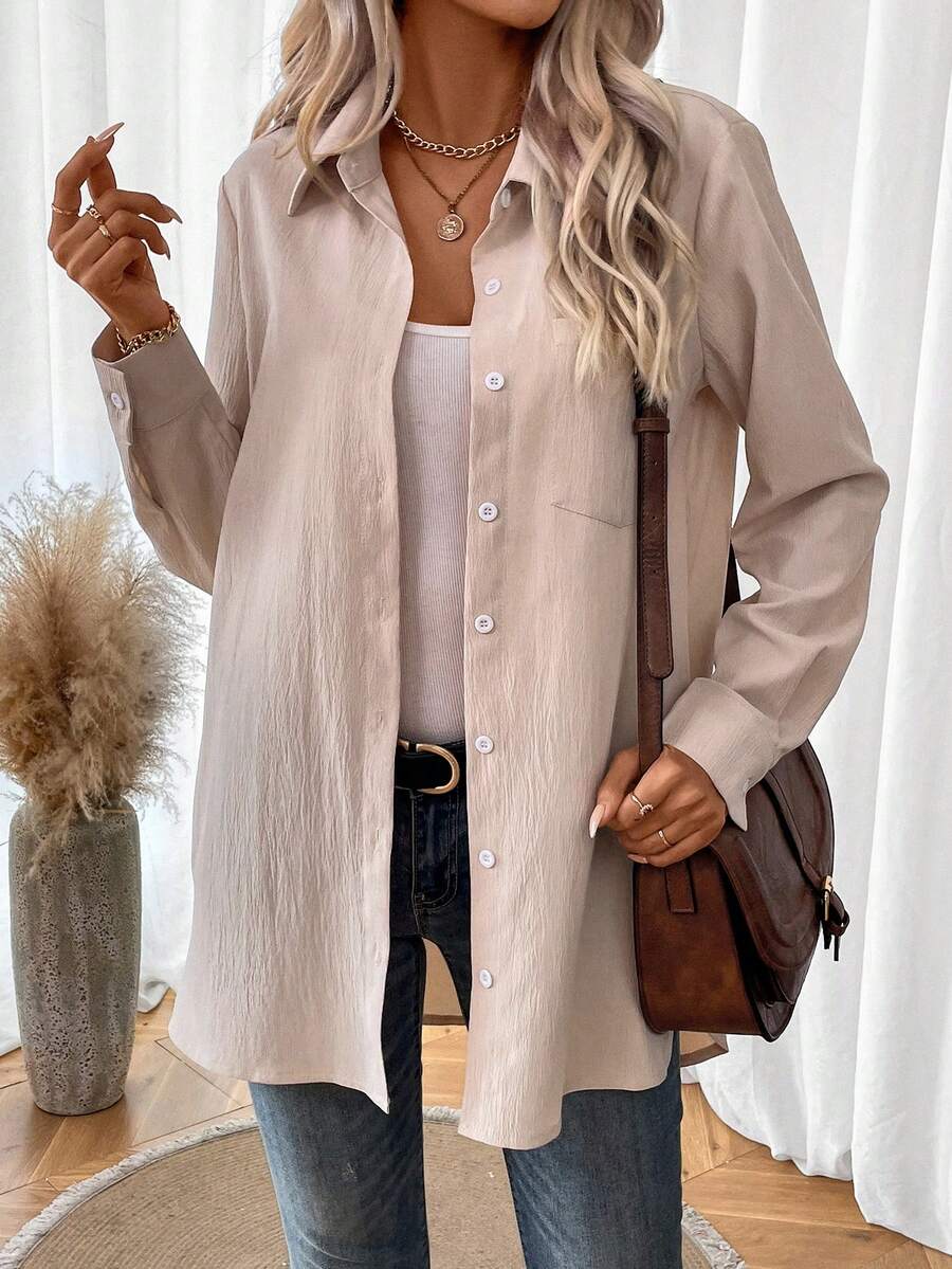 SHEIN LUNE Chất rắn Nút phía trước Vá Túi Áo sơ mi - Màu be - Xem 1