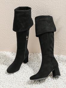 側邊拉鍊高跟膝靴,可拆卸束口 - 黑色 - 查看 5