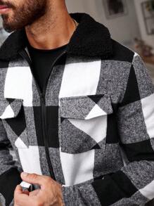 Manfinity Homme 1 Miếng Nam Lỏng lẻo phù hợp In kẻ sọc Buffalo Áo khoác kiểu sơ mi Với Flap túi Và Zip Khép kín - Đen và trắng - Xem 4