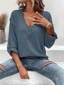 SHEIN LUNE V領卷袖毛衣 - 霧霾藍 - 查看 1