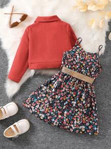 SHEIN Vintaside Kids 女孩翻蓋細節夾克和小碎花印花吊帶連身裙 - 彩色 - 查看 2