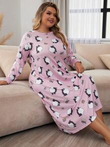 Vestido de pijama de talla grande con estampado de dibujos animados, vestido largo - Rosa - Ver 4