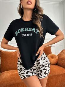 Đồ họa Chữ cái Áo thun & In hoa Báo Quần short Bộ PJ - màu đen - Xem 1