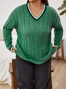 Flirla Plus Striped Trim Cable Knit Drop Shoulder Cricket Sweater - Army Green - View 4