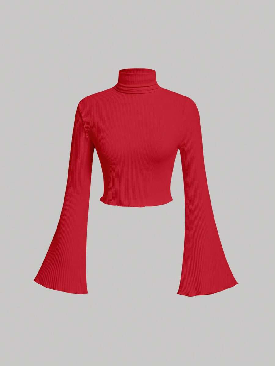 SHEIN MOD 素色小高領荷葉袖T恤 - 紅色 - 查看 1
