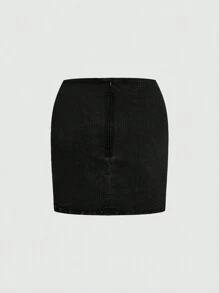 SHEIN MOD Rhinestone Fringe Trim Denim Skirt - Black - View 2