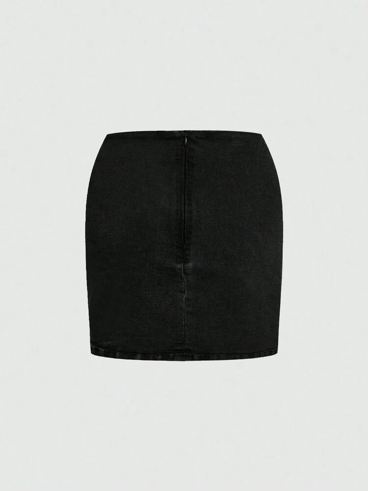 Rhinestone Fringe Trim Denim Skirt