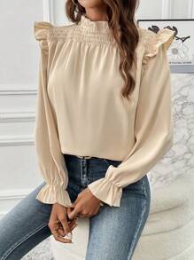 SHEIN Privé 荷葉邊荷葉袖襯衫 - 杏色 - 查看 1