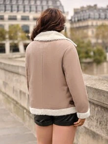 SHEIN Frenchy Plus Teddy Lined Open Front Coat - Brown - View 5