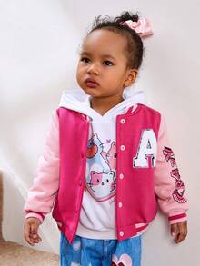 SHEIN Baby Girls' Casual Color Block Baseball Jacket With Thermal Lined - Pink - View 7