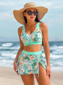 Swim Lushoire Conjunto de bikini con estampado tropical y cordón ajustable para la playa, con falda de playa