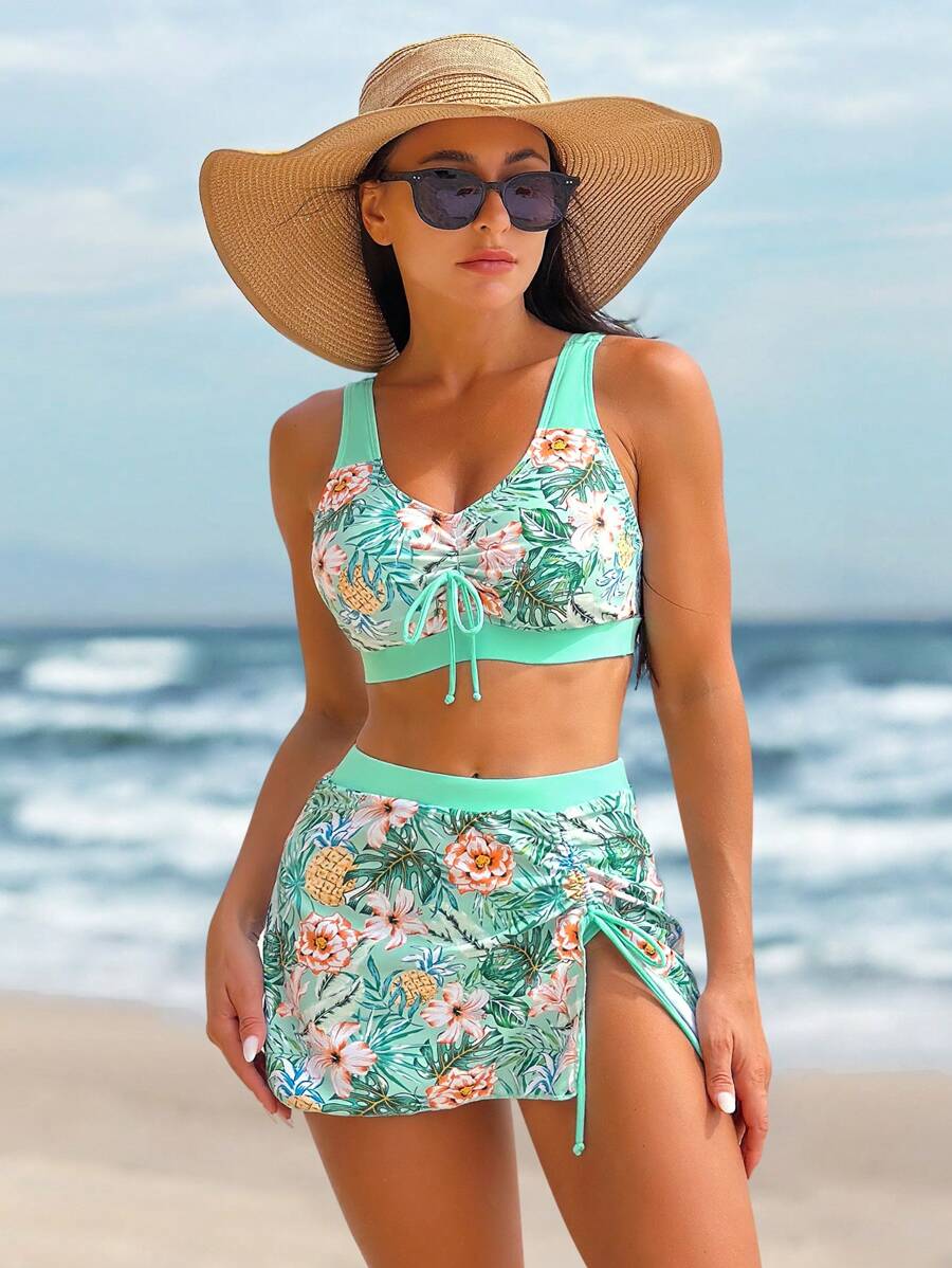 Swim Lushoire Summer Beach Tropical Print Drawstring Bikini Set With Beach Skirt - Multicolor - View 1