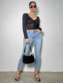 SHEIN SXY Vá lại Không lưng Lưới trong suốt Tay áo dài Áo Với Móc và mắt Khép kín - màu đen - Xem 4
