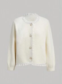 SHEIN MOD Women'S Long Sleeve Cardigan Contrasting Collar And Frilled Hem - White - View 1