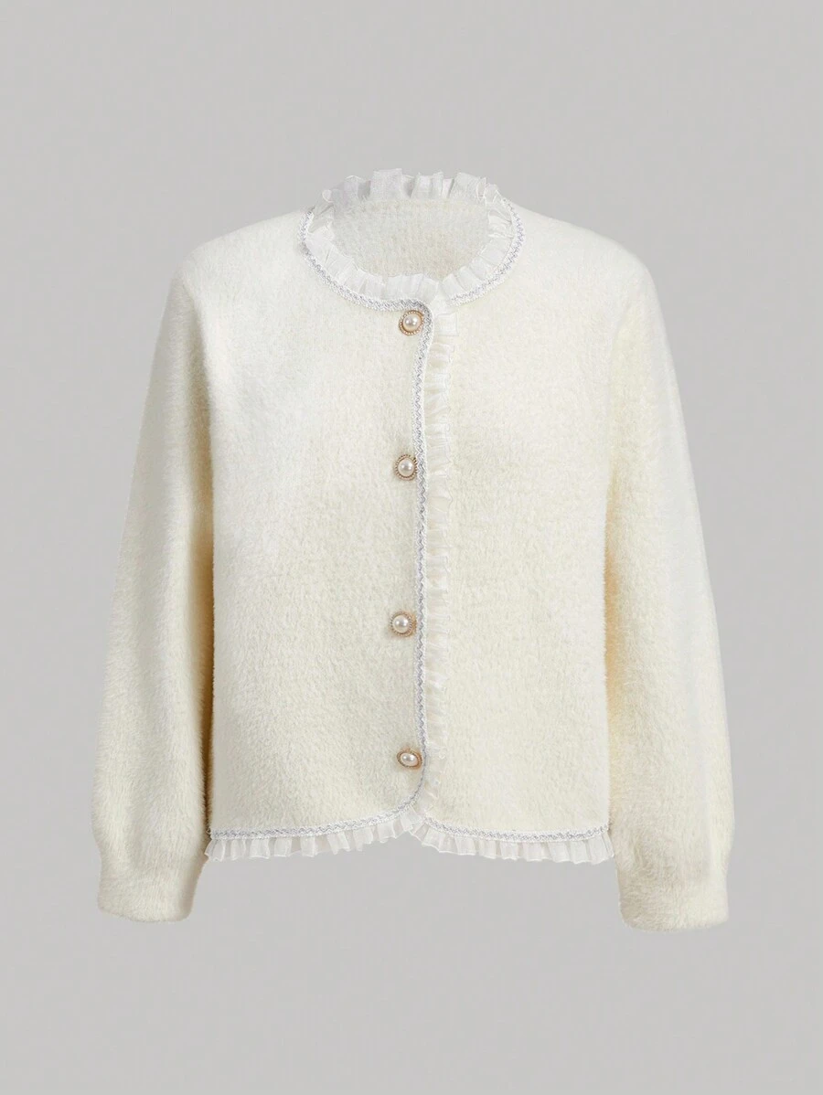 SHEIN MOD Women'S Long Sleeve Cardigan Contrasting Collar And Frilled Hem - White - View 1