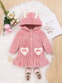 SHEIN 嬰兒女童帶累區塊和毛絨襯裡的休閒連帽連衣裙,適合家庭穿著 - 粉色 - 查看 1