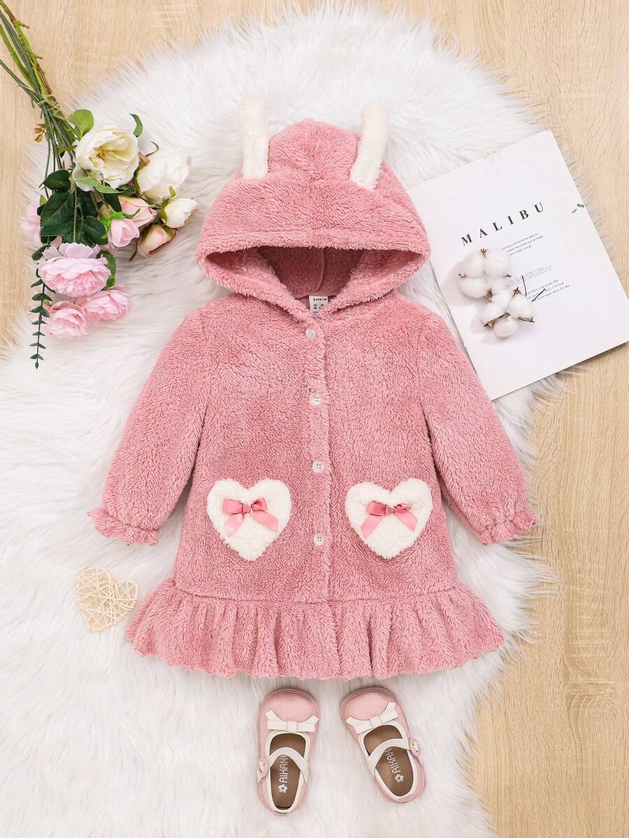 SHEIN 嬰兒女童帶累區塊和毛絨襯裡的休閒連帽連衣裙,適合家庭穿著 - 粉色 - 查看 1