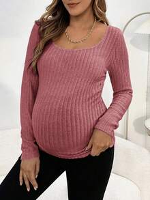SHEIN Maternity Scoop Neck Ruched Side Ribbed Knit Tee - Redwood - View 3