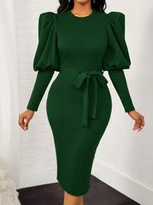 SHEIN Lady Gigot Sleeve Belted Bodycon Dress - Dark Green - View 3