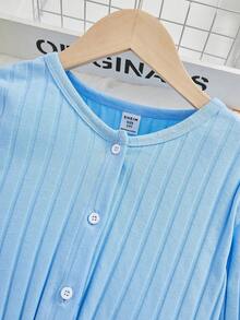 女大童前紐扣夾克&字母貼布吊帶洋裝 - 淺藍色 - 查看 3