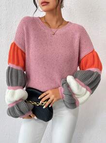 Chiquease Color Block Virago Sleeve Drop Shoulder Knit Pullover Fall Winter Sweater - Pink - View 4