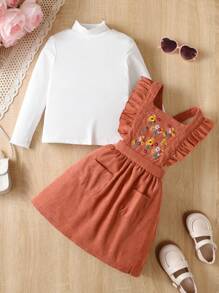 SHEIN Cô Gái Trẻ Cổ giả Áo thun & Thêu hoa Viền Ruffle Đầm Tổng thể - màu nâu - Xem 1