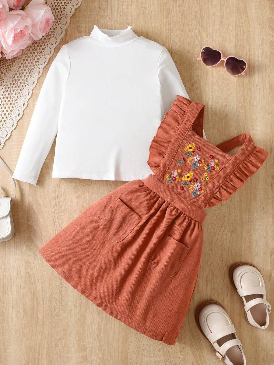 SHEIN Cô Gái Trẻ Cổ giả Áo thun & Thêu hoa Viền Ruffle Đầm Tổng thể - màu nâu - Xem 1