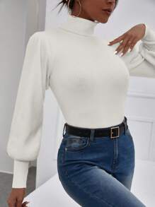 EURMUSE Màu thuần Áo cao cổ Tay áo lồng đèn Áo len - Màu Xám nhạt - Xem 4