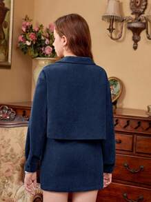 Thiếu niên cô gái 2 Miếng Màu thuần Áo khoác Với Vòng cổ Và Vải to sợi Bộ váy - Màu xanh ngọc - Xem 2