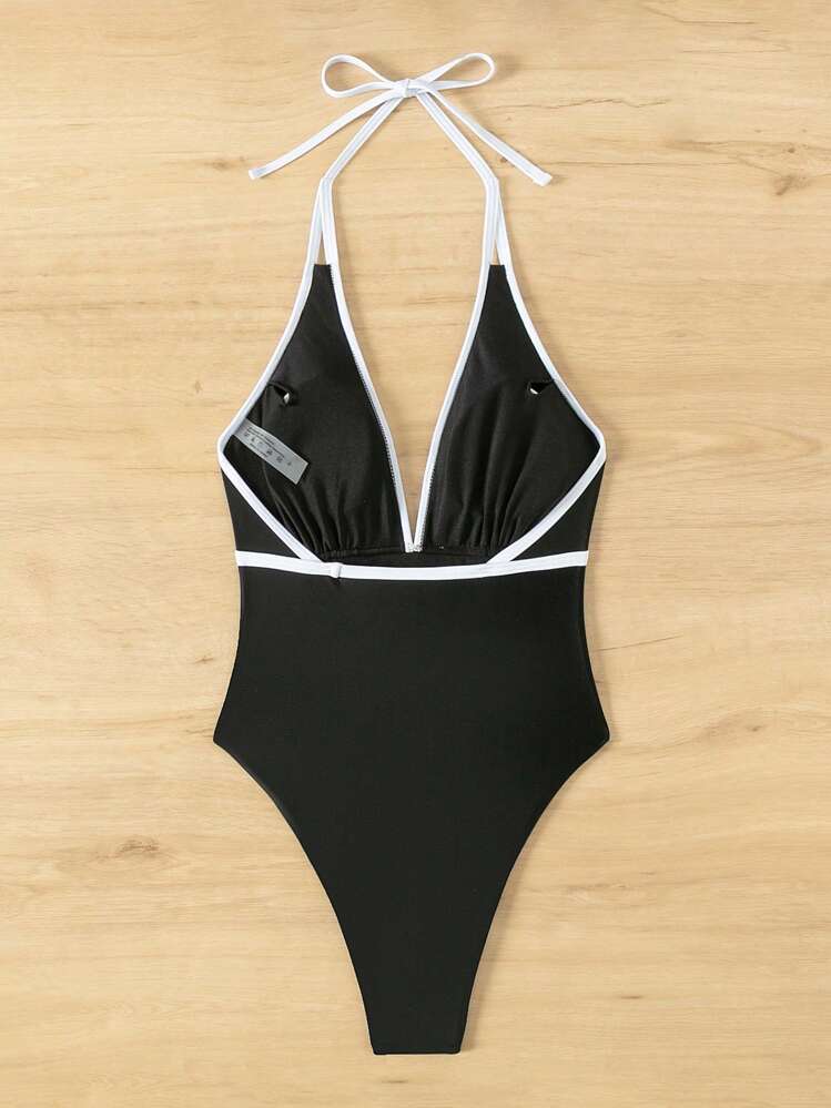 SHEIN Swim Bañador de una pieza con cuello halter, para vacaciones de verano en la playa - Blanco y Negro - Añade 4