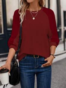 SHEIN LUNE Solid Raglan Sleeve Sweatshirt - Burgundy - View 6