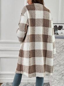SHEIN Essnce Buffalo Plaid Print Drop Shoulder Teddy Coat - Khaki - View 2