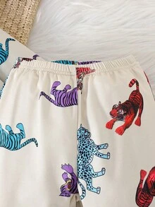 SHEIN 2 cái/bộ Cô gái Tuyệt đẹp Hổ Cartoon Mẫu In Dài Quần Bộ đồ Đối với Bữa tiệc ngày lễ , Mùa thu đông - Màu be - Xem 3