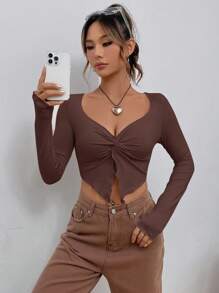 SHEIN EZwear Camiseta corta con nudo delantero en estilo retro color marrón - Marrón - Ver 5