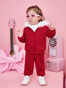 SHEIN Đứa bé gái Trang trí Fuzzy áo có mũ Nhiệt Áo khoác & Quần nỉ - Đỏ - Xem 4
