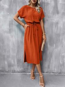 SHEIN Clasi Batwing Sleeve Knot Front Split Thigh Dress