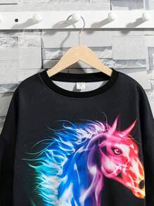 SHEIN Tween Boy Horse Print Drop Shoulder Pullover - Black - View 3