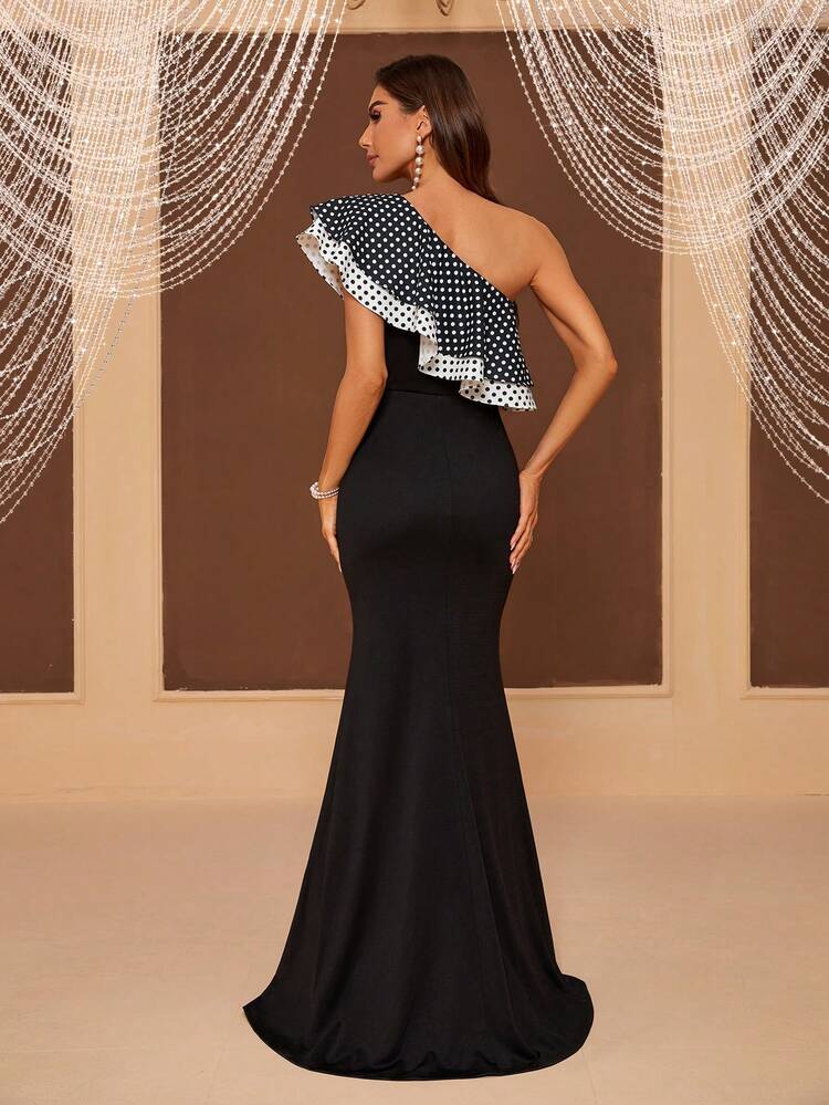 Polka Dot One Shoulder Design Mermaid Hem Women's Formal Evening Party Dress With Ruffle Hem (heavy Duty)