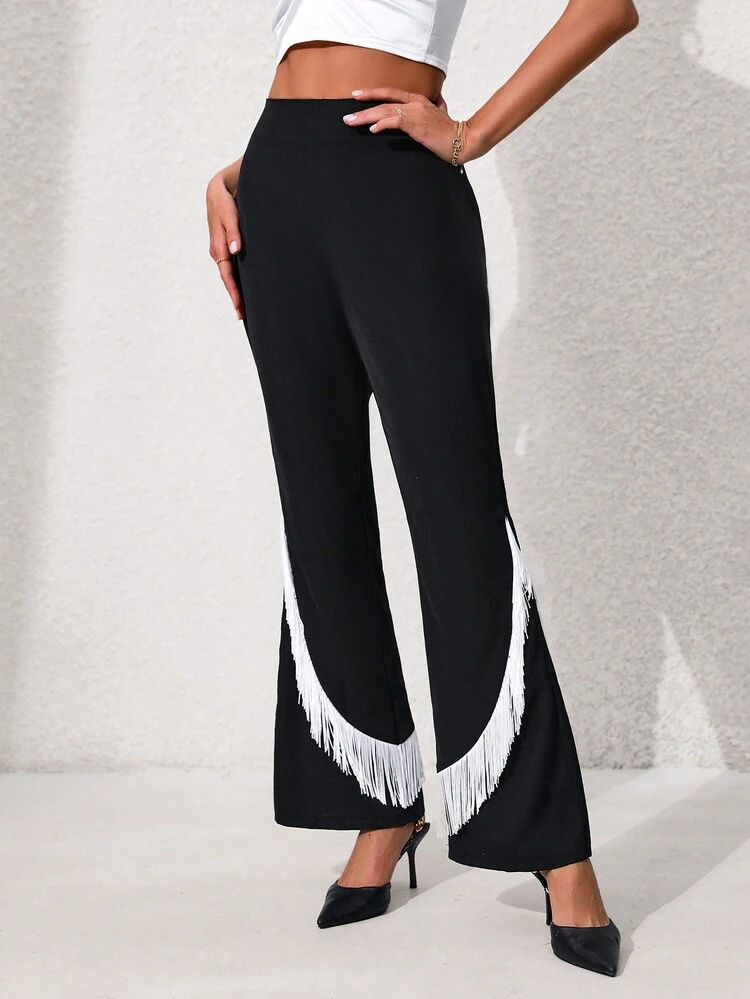 Fringe Trim Flare Leg Pants Fall Cloth For Women