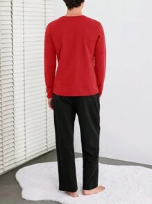 EURMUSE 男士字母印花长袖长裤家居服套装 - 紅木色 - 查看 2