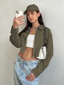 SHEIN Unity Women's Color Block Short Cropped Jacket With Pockets - Army Green - View 3