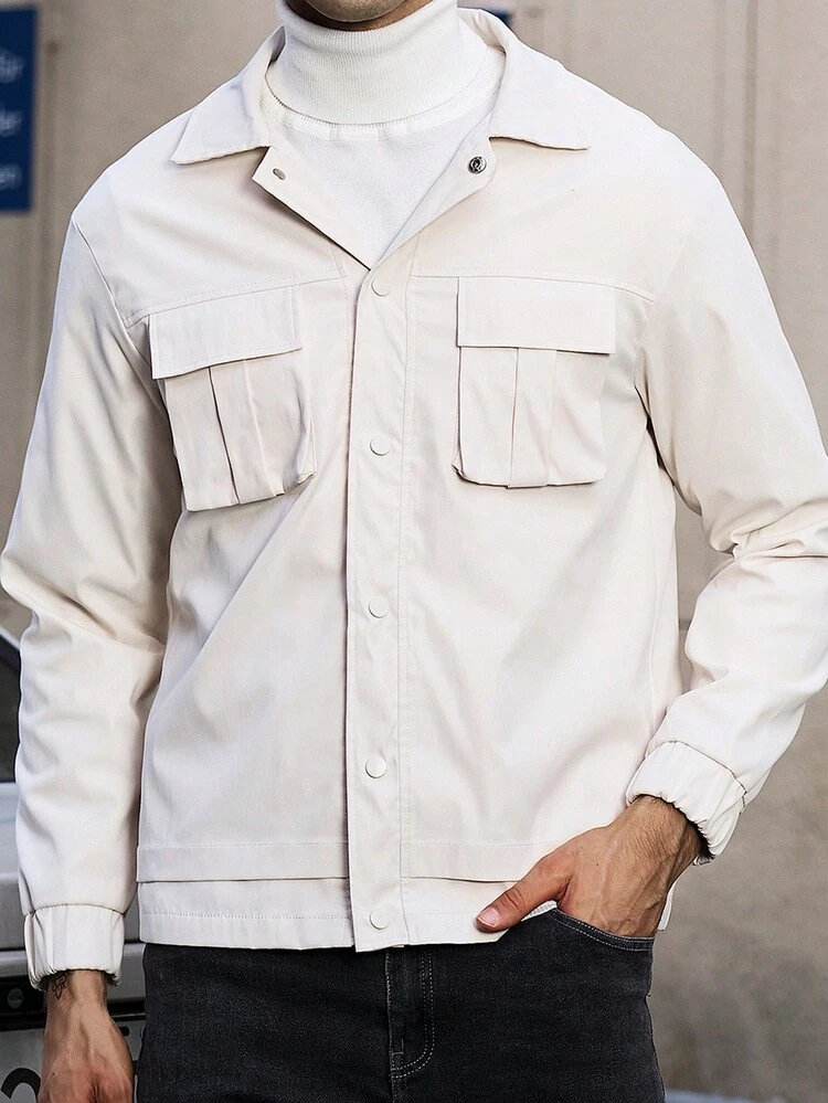 Loose Fit Men's Solid Color Jacket With Flap Pockets