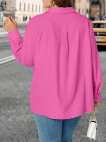 Celure Hơn Nói quá 3D Dán in hoa Nút phía trước Áo sơ mi - Màu Hồng Tươi - Xem 2