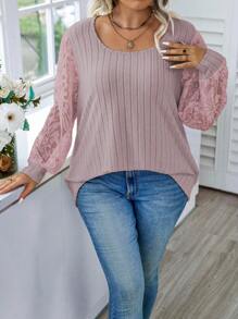 Calvaya Plus Contrast Lace Sleeve Sweatshirt - Pink - View 3