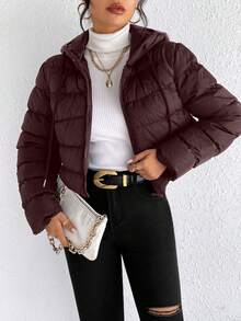 SHEIN Frenchy Áo khoác trùm đầu có dây rút có khóa kéo - Màu Đỏ Sâu - Xem 6